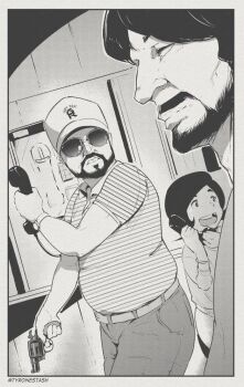 1girl 2boys adam's_apple artist_name baseball_cap beard belt chipped_tooth facial_hair gary_plauche greyscale gun handgun hat holding holding_gun holding_phone holding_weapon holly_(tyrone) jeff_doucet monochrome multiple_boys mustache open_mouth pants payphone phone real_life revolver scowl shirt short_sleeves snubnosed_revolver striped_clothes striped_shirt sunglasses tyrone watch weapon wristwatch