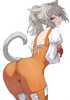 1girl animal_ears ass bodysuit cat_ears cat_girl cat_tail commentary cosplay facial_mark final_fantasy final_fantasy_ix final_fantasy_xiv garnet_til_alexandros_xvii garnet_til_alexandros_xvii_(cosplay) gloves grey_hair highres looking_at_viewer miqo'te orange_bodysuit ponytail red_gloves shirt simple_background solo tail torisanff14 warrior_of_light_(ff14) whisker_markings white_background white_shirt yellow_eyes