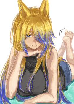 1girl absurdres bare_shoulders barefoot black_shirt blonde_hair blue_eyes blue_hair blue_shorts breasts closed_mouth colored_eyebrows ear_piercing feet_up hair_over_one_eye head_rest highres large_breasts light_blush long_hair looking_at_viewer lying motion_lines multicolored_hair murderdoll1641 obey_your_master_(umamusume) on_stomach piercing shirt shorts sleeveless sleeveless_shirt smile solo the_pose turtleneck turtleneck_shirt umamusume very_long_hair