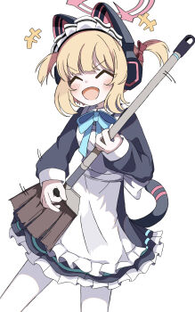 Rule 34 | +++, 1girl, :d, ^ ^, absurdres, animal ear headphones, animal ears, apron, black dress, black tail, blonde hair, blue archive, blue bow, blue bowtie, blush, borrowed clothes, bow, bowtie, breasts, broom, broom guitar, cat ear headphones, cat ears, cat tail, closed eyes, collared dress, commentary request, contrast collar, dress, fake animal ears, fake tail, frilled apron, frilled dress, frills, hair bow, halo, happy, headphones, highres, holding, holding broom, long sleeves, maid, maid apron, maid headdress, momoi (blue archive), momoi (maid) (blue archive), official alternate costume, official alternate hairstyle, open mouth, pantyhose, partial commentary, pink halo, red bow, short hair, short twintails, sidelocks, simple background, small breasts, smile, solo, sukeno25, tail, tail raised, twintails, unconventional guitar, v-shaped eyebrows, white apron, white background, white headdress, white pantyhose