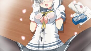 10s 1girl animated animated_gif between_breasts blush breasts cleavage covered_erect_nipples envelope female_focus gloves grey_hair hair_over_one_eye hamakaze_(kancolle) hangaku heart implied_sex jewelry kantai_collection large_breasts letter lying missionary no_bra on_back open_mouth ornate_ring pantyhose pleated_skirt ring school_uniform serafuku sexually_suggestive skirt solo wax_seal wedding_ring white_gloves
