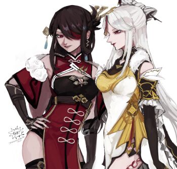 Rule 34 | 2girls, bare shoulders, beidou (genshin impact), black gloves, black thighhighs, blush, breasts, brown gloves, brown hair, cape, chinese clothes, cleavage, colored eyepatch, commentary request, cowboy shot, dress, elbow gloves, eyepatch, fingerless gloves, fur shawl, genshin impact, gloves, hair ornament, hair over one eye, hair stick, hand on own hip, highres, jewelry, large breasts, leg tattoo, long hair, looking at viewer, multiple girls, ningguang (genshin impact), nose, one eye covered, parted bangs, profile, red cape, red eyes, red lips, red tattoo, shawl, simple background, smile, tarunochanko, tassel, tattoo, thighhighs, white background, white hair