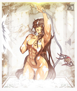 1girl abs absurdly_long_hair absurdres arm_up breast_lift breasts brown_hair bug commentary completely_nude convenient_censoring dungeon_and_fighter english_commentary female_fighter_(dungeon_and_fighter) female_striker_(dungeon_and_fighter) hair_down hamza_touijri highres large_breasts long_hair muscular muscular_female navel nude one_eye_closed orange_eyes shower_(place) shower_head showering silk soap_bubbles soap_censor solo_focus spider spider_web thigh_gap unaligned_breasts very_long_hair wet wet_hair