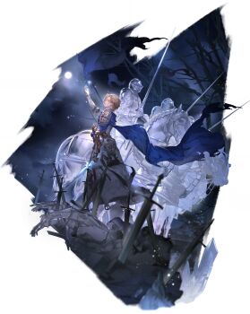 1girl 2others absurdres aiguillette armor black_boots blonde_hair blue_cape boots cape cryokinesis crystal cuirass flag game_cg gauntlets hair_slicked_back hand_up highres horseback_riding knight moon multiple_others night non-web_source official_art pants parted_bangs pauldrons riding short_hair shoulder_armor side_cape simona_(sword_of_convallaria) single_pauldron snowflakes solo_focus sword_of_convallaria torn_cape torn_clothes transparent_background yellow_eyes