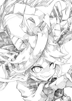 1girl absurdres ahoge animal_ears coat commentary_request crazy_eyes greyscale grin hair_ribbon hasukurira highres horse_ears horse_girl leaning_forward long_hair long_sleeves monochrome multicolored_hair ribbon sharp_teeth sidelocks simple_background smile solo standing teeth twin_turbo_(blast_mode!_turbo_engine)_(umamusume) twin_turbo_(umamusume) twintails two-tone_hair umamusume