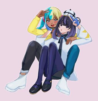 2girls :d absurdres aqua_hair black_dress black_hair black_pants black_shoes blonde_hair blue_gloves blue_pants canari_(pokemon) coat dark-skinned_female dark_skin dress fang gloves gradient_hair gwynn_(pokemon) hat highres jacket long_sleeves looking_at_viewer multicolored_hair multiple_girls nintendo open_clothes open_coat open_mouth pants pantyhose partially_fingerless_gloves pofopyoso pokemon pokemon_legends:_z-a purple_eyes purple_hair shoes short_hair skin_fang smile split-color_hair two-tone_hair two-tone_pants white_coat white_shoes yellow_jacket yuri