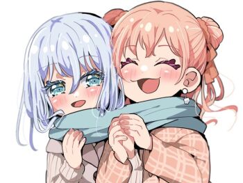 2girls ^_^ bang_dream! blue_eyes blush closed_eyes earrings hiromachi_nanami holding_hands jewelry kurata_mashiro looking_at_another multiple_girls non-web_source open_mouth pink_hair scarf short_hair simple_background smile white_background winter_clothes yuri