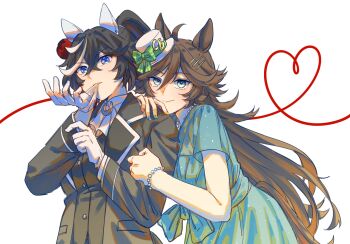 Rule 34 | 2girls, animal ears, aqua dress, biting, biting glove, black hair, blue eyes, bracelet, brown hair, commentary, dress, gloves, hair between eyes, hand on another's shoulder, highres, horse ears, horse girl, horse tail, jewelry, katsuragi ace (umamusume), mr. c.b. (umamusume), multicolored hair, multicolored nails, multiple girls, necklace, pearl bracelet, pearl necklace, reiya (yukeewoof), short sleeves, smile, streaked hair, symbol-only commentary, tail, umamusume, upper body, white background, white gloves
