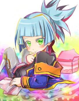 1boy blue_hair cake cream cream_on_face food food_on_face green_eyes jacket lying male_focus off_shoulder ponytail ric_(aceradio) shiun&#039;in_sora shiunin_sora solo thumb_to_mouth yu-gi-oh! yu-gi-oh!_arc-v