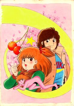 Rule 34 | 1boy, 1girl, :q, all fours, belt, belt buckle, blue shirt, bodysuit, border, brown belt, brown coat, brown eyes, brown hair, buckle, cherry, cherry blossoms, closed mouth, clothes writing, coat, commentary request, flower, food, fruit, futari de cherry, green pants, green sweater, hair ribbon, hand up, head rest, highres, kou (futari de cherry), logo parody, looking at another, looking to the side, medium hair, miura mitsuru, multiple views, nike (company), official art, one side up, open clothes, open coat, open mouth, orange hair, pants, pink bodysuit, pink flower, pink petals, red ribbon, ribbon, sakura chieri, shirt, shooting star, short hair, smile, star (symbol), sweater, thumbs up, tongue, tongue out, white border