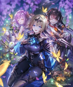 1other 3girls \||/ aenea_(shadowverse) against_tree android arm_support armband bare_shoulders black_hair blonde_hair blue_eyes blue_gemstone blush bodysuit bouquet breasts bug butterfly cherry_blossoms closed_eyes commentary_request copyright_name falling_petals fireflies flower foliage frilled_shirt frilled_thighhighs frills gear_hair_ornament gem grass hair_between_eyes hair_ornament hand_on_own_arm hand_on_own_chest happy high_collar highres holding holding_bouquet impossible_clothes insect large_breasts lee_hyeseung long_hair looking_at_viewer looking_back mechanical_arms mechanical_hands mechanical_legs mono_(shadowverse) multiple_girls nature necktie night official_art on_grass one_eye_closed open_mouth outdoors petals pink_flower purple_hair red_eyes red_gemstone red_necktie shadowverse shirt sitting small_breasts smile tetra_(shadowverse) thighhighs tree tree_shade under_tree watermark white_shirt yellow_butterfly yellow_eyes yellow_flower