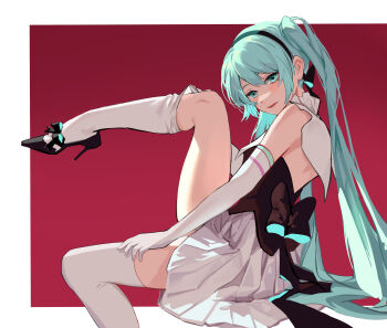 1girl absurdres alternate_costume aqua_eyes aqua_hair azizi_zim bare_shoulders black_shoes border bow clothes_pull commentary_request dress elbow_gloves foot_out_of_frame footwear_bow formal_clothes full_body gloves hair_between_eyes hairband hatsune_miku high_heels highres lipstick long_hair long_legs makeup miku_symphony_(vocaloid) official_alternate_costume pleated_dress red_background red_lips ribbon shoes sitting sleeveless solo symphony_miku symphony_miku_(2018-2019) thighhighs twintails two-sided_bow very_long_hair vocaloid white_border white_dress white_gloves white_thighhighs