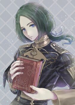 1boy blue_eyes book closed_mouth fire_emblem fire_emblem:_three_houses garreg_mach_monastery_uniform green_hair highres linhardt_von_hevring long_sleeves looking_at_viewer low_ponytail male_focus nekoyashiki_08 nintendo parted_hair ponytail solo