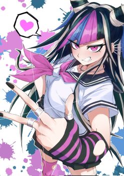 Rule 34 | 1girl, amaruru0723, black hair, black nails, black sailor collar, black skirt, blue hair, blue streaks, blush, breasts, collared shirt, commentary request, danganronpa: trigger happy havoc, danganronpa (series), ear piercing, elbow gloves, eyelashes, face piercing, fingerless gloves, fingernails, glint, gloves, hair horns, heart, highres, jewelry, mioda ibuki, mouth piercing, multicolored hair, multiple rings, nail polish, neckerchief, necklace, piercing, pink hair, pink neckerchief, pink streaks, ring, sailor collar, school uniform, serafuku, shirt, short sleeves, single elbow glove, single fingerless glove, skirt, smile, solo, splatter background, spoken heart, streaked hair, striped clothes, striped gloves, teeth, two-tone gloves, w, white hair, white shirt