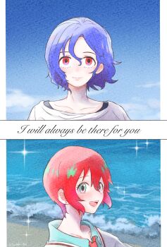 1boy 1girl amate_yuzuriha aqua_eyes artist_name beach blue_hair blue_sky blush cloud collared_shirt commentary english_text gundam gundam_gquuuuuux highres necktie ocean open_mouth outdoors red_eyes red_hair school_uniform shirt short_hair shuji_ito sky smile split_screen sweater totsutoko_tooi waves