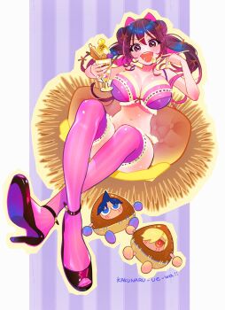 Rule 34 | 1boy, 2girls, black shoes, border, bra, breasts, brown eyes, brown hair, chibi, chibi inset, commentary, copyright name, cup, double bun, drink, full body, hair bun, high heels, highres, holding, holding cup, holding drink, kaba yuuji, kakunaru ue wa, large breasts, long hair, looking at viewer, miyamoto niina, multiple girls, navel, nice knee socks day, open mouth, outline, outside border, pillarboxed, pink bra, pink hair, purple background, shioiri ren, shoes, sitting, smile, solo focus, striped background, untranslatable commentary, teeth, twintails, uehara yuuki, underwear, upper teeth only, vertical-striped background, white border, yellow outline