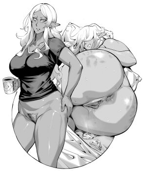 1girl after_vaginal aftersex anus bottomless breasts burustandin commentary condom covered_erect_nipples cup dark-skinned_female dark_skin elf-san_wa_yaserarenai. elfuda_(elf-san_wa_yaserarenai.) english_commentary female_pubic_hair hair_over_eyes hand_on_own_ass highres holding holding_cup kuroeda_(elf-san_wa_yaserarenai.) large_breasts long_hair long_labia lying mole mole_under_eye mug on_side pointy_ears pubic_hair pussy pussy_juice smile used_condom