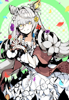 1girl bare_shoulders bracelet breasts commentary_request cone_hair_bun dress fate/grand_order fate_(series) flora_(fate) flower flower-shaped_pupils green_eyes grey_hair hair_bun hair_flower hair_intakes hair_ornament highres jewelry kamesan231 long_hair long_sleeves looking_at_viewer medium_breasts monocle shawl smile solo symbol-shaped_pupils white_dress white_hair