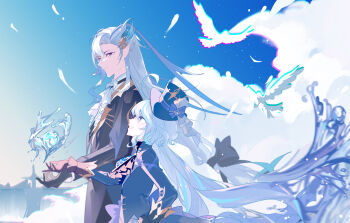 1boy 1girl ahoge ascot bird black_gloves blue_coat blue_eyes blue_gem blue_hair blue_hat blue_jacket blue_sky coat commentary_request from_side furina_(genshin_impact) gem genshin_impact gloves gradient_sky hair_ornament hat hat_ornament highres hydrokinesis jacket long_hair long_sleeves looking_at_another multicolored_hair neuvillette_(genshin_impact) pointy_ears purple_eyes sky top_hat upper_body very_long_hair water white_ascot white_bird white_hair yoruake