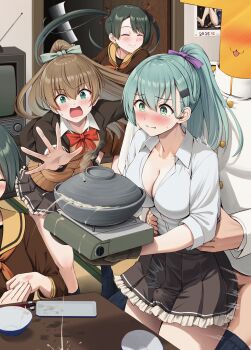 4girls blazer blush bow bowtie brown_hair brown_skirt brown_sweater_vest bulge collared_shirt commentary_request cooking_pot door dress_shirt erection erection_under_clothes green_eyes green_hair hashitsuki_nata highres ichikawa_feesu implied_sex jacket kantai_collection kumano_(kancolle) kumano_kai_ni_(kancolle) mikuma_(kancolle) mikuma_kai_ni_(kancolle) military_uniform mogami_(kancolle) mogami_kai_ni_(kancolle) multiple_girls nata_(tool) naval_uniform neckerchief nose_blush orange_hair orange_neckerchief penis_under_another&#039;s_clothes pleated_skirt ponytail red_bow red_bowtie school_uniform serafuku shirt skirt spill stove suzuya_(kancolle) suzuya_kai_ni_(kancolle) sweater_vest t-head_admiral television twintails white_shirt