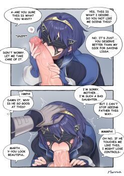 1boy 1girl absurdres ass blue_hair chrom_(fire_emblem) deepthroat english_text erection father_and_daughter fellatio fingerless_gloves fire_emblem fire_emblem_awakening gloves hand_on_another&#039;s_head hetero highres incest irrumatio large_penis licking licking_penis lucina_(fire_emblem) marth_(fire_emblem_awakening) mask nintendo norza oral penis penis_awe pov reverse_trap short_hair solo_focus speech_bubble tiara uncensored