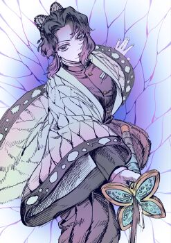 1girl animal_print black_jacket black_pants breasts butterfly_hair_ornament butterfly_print butterfly_print_haori colored_tips cowboy_shot demon_slayer_uniform fighting_stance gold_buttons hair_ornament hakama hakama_pants haori highres holding holding_sword holding_weapon jacket japanese_clothes katana kimetsu_no_yaiba kochou_shinobu looking_at_viewer medium_breasts multicolored_hair pants parted_bangs pi_(namakurichan) print_background print_haori purple_hair sidelocks solo sword updo weapon