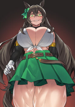 absurdres animal_ears belt black_hair bow breasts brown_belt commentary commentary_request commission detached_sleeves ear_bow from_below fukuro_(maruaru00) gloves green_bow green_eyes green_skirt highres horse_ears horse_girl horse_tail large_breasts long_hair looking_at_viewer original partial_commentary pixiv_commission pleated_skirt sharp_teeth skirt tail teeth umamusume underboob white_gloves