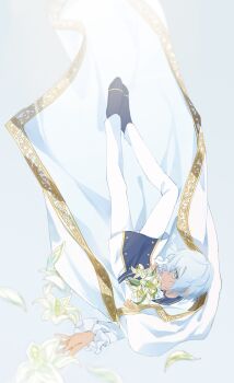 Rule 34 | 1boy, alternate costume, aqua eyes, aqua hair, bouquet, closed mouth, commentary request, flower, gold trim, grey background, highres, long sleeves, looking at viewer, male focus, metaphor: refantazio, pants, profile, protagonist (metaphor: refantazio), ringo mocha, short hair, simple background, smile, solo, spoilers, white flower, white pants