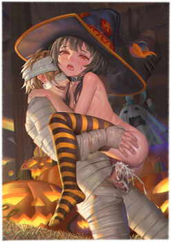 1boy 3girls absurdres alphonse_(white_datura) aqua_(konosuba) bandages black_hair black_hat black_thighhighs breasts censored cum cum_in_pussy cum_overflow darkness_(konosuba) halloween hat hetero highres jack-o&#039;-lantern kono_subarashii_sekai_ni_shukufuku_wo! medium_hair megumin mosaic_censoring multiple_girls mummy_costume nude open_mouth orange_thighhighs penis pumpkin pussy red_eyes satou_kazuma sex small_breasts striped_clothes striped_thighhighs suspended_congress thighhighs vaginal witch_hat