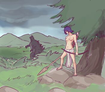 1girl absurdres ammunition arrow_(projectile) blue_eyes blue_hair bow bow_(weapon) breasts cloud dark_cloud forest giant giant_monster godzilla godzilla_(monsterverse) godzilla_(series) highres jungle kaiju legendary_pictures loincloth midriff monster monsterverse mountain mutant_(godzilla) nature nekozumia nipples nude polearm quiver saegusa_miki_(godzilla) short_hair spear storm toho topless_female tree warner_bros. weapon