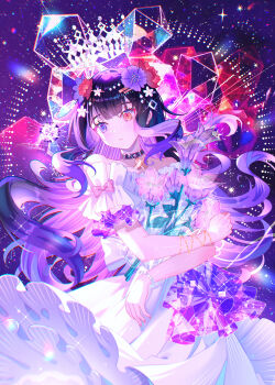 Rule 34 | 1girl, absurdres, bare shoulders, black hair, bouquet, bow, bracelet, chinese commentary, collar, colored inner hair, commentary request, cowboy shot, crown, dress, floating hair, flower, frilled dress, frilled sleeves, frills, hair flower, hair ornament, heterochromia, highres, holding, holding flower, jewelry, long dress, long hair, looking at object, multicolored hair, orange eyes, original, parted lips, pink bow, purple eyes, purple flower, purple hair, solo, star (symbol), strapless, viclim-monou, white dress