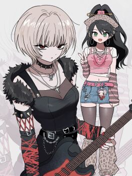 2girls ace_attorney ace_attorney_investigations alternate_costume animal_print belt black_choker black_dress black_hair black_thighhighs breasts chain character_charm charm_(object) choker cleavage commentary_request cropped_shirt cross cross_necklace denim denim_skirt detached_sleeves dress earrings electric_guitar empty_eyes expressionless fang fashion green_eyes guitar high_ponytail highres holding holding_guitar holding_instrument hoop_earrings instrument jewelry kay_faraday korean_commentary leg_warmers leopard_print long_hair looking_at_viewer medium_breasts midriff miles_edgeworth miniskirt multiple_girls necklace open_mouth pink_belt pink_shirt ponytail shih-na shirt shiryoku_kensa short_hair skirt smile spiked_choker spikes standing thighhighs v zoom_layer