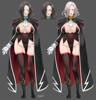 1girl areola_slip armor bindi black_thighhighs blush breasts butcha-u glasses glowing grey_background half-closed_eyes highres large_breasts mole mole_on_breast multiple_views pauldrons shoulder_armor simple_background smile thighhighs