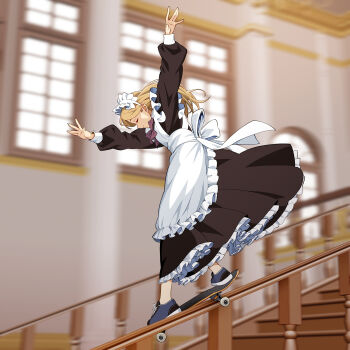 1girl apron arms_up black_dress blurry blurry_background closed_eyes dress frilled_apron frills full_body grinding highres long_hair maid maid_apron maid_headdress original shoes skateboard skateboarding smith_grind sneakers solo stairs suzushiro_(suzushiro333) victorian_maid white_apron
