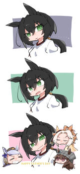 ... 4girls ahoge animal_ears beanie beer_hsk black_hair bow braid brown_eyes brown_hair brown_hat chibi closed_eyes closed_mouth crown_braid dream_journey_(umamusume) ear_bow ear_covers ears_through_headwear forehead gold_ship_(umamusume) green_eyes grey_hat grin gym_shirt hair_between_eyes hat highres horse_ears kin&#039;iro_ryotei_(umamusume) long_hair low_ponytail mini_hat multicolored_hair multiple_girls nakayama_festa_(umamusume) orfevre_(umamusume) parted_bangs ponytail puffy_short_sleeves puffy_sleeves purple_bow shirt short_sleeves smile striped_clothes striped_headwear two-tone_hair umamusume v-shaped_eyebrows vertical-striped_clothes vertical-striped_headwear white_hair white_shirt