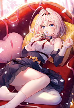 1girl ahoge asymmetrical_legwear bare_shoulders black_hairband black_shirt blue_eyes breasts center_frills couch detached_sleeves frilled_shirt frills grey_hair hair_between_eyes hair_intakes hairband heart heart-shaped_pillow high-waist_skirt impossible_clothes impossible_shirt juliet_sleeves lilithea long_sleeves looking_at_viewer lying mata_korosarete_shimatta_nodesune_tantei-sama medium_breasts no_shoes on_back on_couch petals pillow puffy_sleeves riichu sample_watermark shirt short_hair skirt sleeveless sleeveless_shirt socks solo thighhighs thighs underbust watermark white_shirt white_socks white_thighhighs