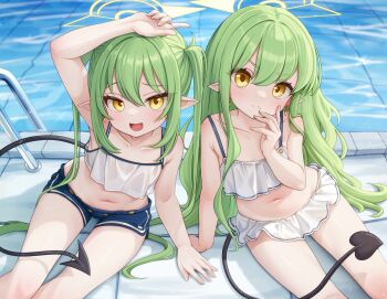 2girls arm_up bikini bikini_skirt bikini_top_only black_tail blue_archive blue_shorts breasts closed_mouth collarbone commentary comodox demon_girl demon_tail earrings english_commentary fang green_hair green_halo halo hand_up highres hikari_(blue_archive) jewelry large_variant_set long_hair looking_at_viewer multiple_girls navel nozomi_(blue_archive) on_ground open_mouth pointy_ears pool poolside shorts siblings sisters sitting skin_fang small_breasts swimsuit tail twins twintails v-shaped_eyebrows variant_set wavy_hair white_bikini yellow_eyes