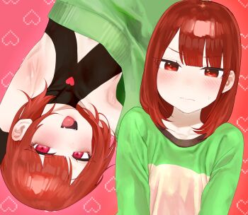 Rule 34 | 1other, armpits, blush, breasts, chara (underlust), chara (undertale), clothing request, collarbone, commentary request, dual persona, embarrassed, eyeshadow, fangs, flat chest, green sweater, heart, heart-shaped pupils, heart background, heart soma, highres, loose clothes, loose shirt, makeup, medium breasts, shirt, smile, solo, striped clothes, striped sweater, sweatdrop, sweater, symbol-shaped pupils, tagme, tight clothes, underlust