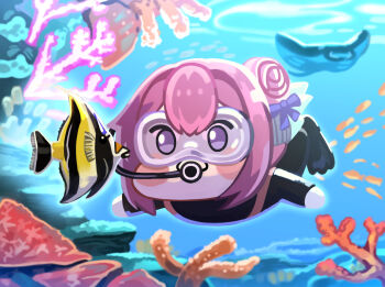 :3 black_wetsuit bodysuit creature diving_mask diving_regulator diving_suit doro_(nikke) flippers flower-shaped_hair goddess_of_victory:_nikke goggles hair_between_eyes hair_bun hair_intakes highres meme open_mouth oxygen_tank pink_hair purple_eyes scuba scuba_gear scuba_tank shiny_eyes smile vincentsu wetsuit