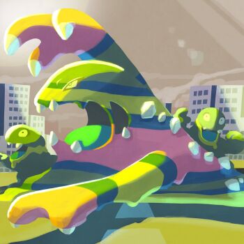 alolan_form alolan_grimer alolan_muk arm_up blob building city claws commentary dated_commentary evolutionary_line fangs from_side gen_7_pokemon highres lens_flare light_rays monomo_(pixiv_106518051) nintendo no_humans open_mouth pokemon pokemon_(creature) pokemon_focus