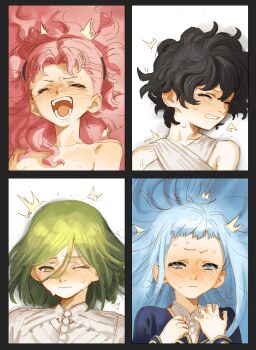 4girls absurdres agott_arklaum_(tongari_boushi_no_atelier) black_hair blue_eyes blue_hair blush closed_eyes coco_(tongari_boushi_no_atelier) column_lineup commentary english_commentary green_hair grid_lineup highres implied_sex kaninoeden long_hair multiple_girls pink_hair richeh_(tongari_boushi_no_atelier) short_hair tetia_(tongari_boushi_no_atelier) tongari_boushi_no_atelier yellow_eyes