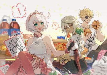 1boy 2girls alternate_costume bare_shoulders blonde_hair blue_eyes breasts burger commentary dark-skinned_female dark_skin dated dog dress eating elphelt_valentine food grey_hair guilty_gear guilty_gear_strive holding holding_burger holding_food large_breasts long_hair magehound marker mouth_hold multiple_girls pepsi pizza ramlethal_valentine shikishi_(object) shirt short_hair sideboob sin_kiske symbol-only_commentary tied_shirt twitter_username white_dress white_hair white_shirt yellow_eyes youmicitrustea