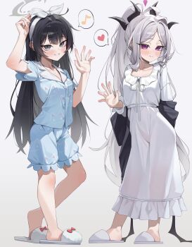 2girls absurdres ahoge black_hair black_halo blue_archive blue_pajamas blush breasts demon_girl demon_horns demon_wings full_body halo highres hina_(blue_archive) horns kisaki_(blue_archive) long_hair low_wings multiple_girls noa_(blue_archive) noa_(pajamas)_(blue_archive) pajamas purple_eyes simple_background small_breasts standing um_111 very_long_hair white_background white_hair white_pajamas wings yuuka_(blue_archive) yuuka_(pajamas)_(blue_archive)