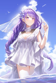 1girl absurdres bird blue_flower blue_sky blush braid breasts cleavage closed_mouth clothing_cutout cloud cowboy_shot day detached_collar dress floating_hair flower from_below frown genshin_impact hair_flower hair_ornament hand_up highres long_hair looking_at_viewer looking_down low-braided_long_hair low-tied_long_hair mole mole_under_eye nail_polish neck_ribbon outdoors purple_eyes purple_flower purple_hair purple_nails raiden_shogun raki_kr ribbon seagull see-through_clothes short_dress sky solo standing swept_bangs train_(clothing) veil_lift very_long_hair wading water white_dress white_ribbon wide_sleeves