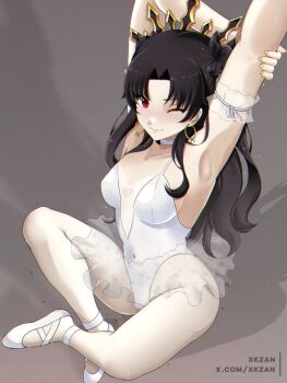 Rule 34 | 1girl, armpits, ballerina, ballet, ballet slippers, black hair, commentary, commentary request, english commentary, fate/grand order, fate (series), grey background, highres, ishtar (fate), leotard, long hair, looking at viewer, mixed-language commentary, one eye closed, red eyes, simple background, sitting, smile, solo, stretching, tiara, tutu, twintails, very long hair, white leotard, xkzan
