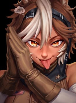 1girl artist_name black_background breasts brown_gloves brown_shirt commentary earrings english_text gloves hair_between_eyes highres horse_girl indie_virtual_youtuber jewelry large_breasts looking_at_viewer meme monochrome nuclear_b own_hands_together shirt short_hair simple_background smile solo speech_bubble thought_bubble tomoe_umari tomoe_umari_(1st_costume) tongue tongue_out upper_body virtual_youtuber zesty_sonic_(meme)