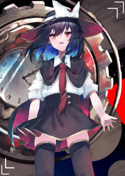 1girl absurdres alternate_eye_color black_cape black_hair black_hat black_skirt black_socks bow cape clock collar comet from_below hair_bow hat hat_bow highres looking_at_viewer meteor_shower muraryo necktie night open_mouth orange_eyes shirt short_hair skirt sleeve_cuffs socks solo standing star_(sky) touhou usami_renko white_bow white_collar white_shirt