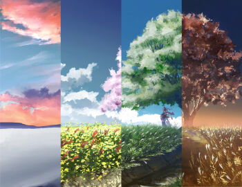 1girl absurdres alternate_hairstyle animal_ears autumn autumn_leaves black_skirt blue_sky cherry_blossoms cherry_tree cloud cloudy_sky column_lineup commentary day detached_sleeves facing_away field floating_hair flower flower_field from_behind full_body grass hat highres inubashiri_momiji landscape large_variant_set leaf light_particles long_hair long_skirt nature orange_clouds oubachiago outdoors path procreate_(medium) red_ribbon red_trim ribbon road scabbard scenery seasons sheath sheathed shirt signature skirt sky sleeveless sleeveless_shirt solo spring_(season) summer sword sword_on_back sword_tassel symbol-only_commentary tail tassel tokin_hat touhou variant_set very_wide_shot weapon weapon_on_back white_hair white_shirt white_tail wide_sleeves winter wolf_ears wolf_girl wolf_tail