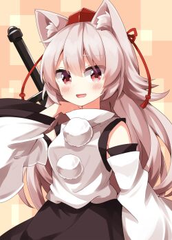 Rule 34 | 1girl, :d, alternate hair length, alternate hairstyle, animal ears, bare shoulders, black skirt, blush, commentary request, cowboy shot, detached sleeves, grey hair, hat, highres, inubashiri momiji, long hair, long sleeves, looking at viewer, open mouth, pom pom (clothes), red eyes, red hat, ruu (tksymkw), shirt, skirt, sleeveless, sleeveless shirt, smile, solo, tail, tokin hat, touhou, white shirt, wide sleeves, wolf ears, wolf tail, yellow background