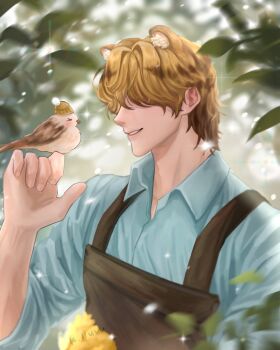1boy absurdres animal_ear_fluff animal_ears bird blanc_(heartopia) blonde_hair brown_hair hair_over_eyes heartopia highres male_focus multicolored_hair solo sweat tiger_boy tiger_ears two-tone_hair